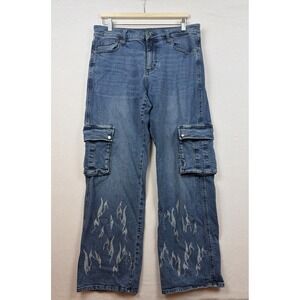 Hot Topic Mens Y2K Flame Cargo Straight Leg Jeans 32X32 Streetwear Skate Grunge